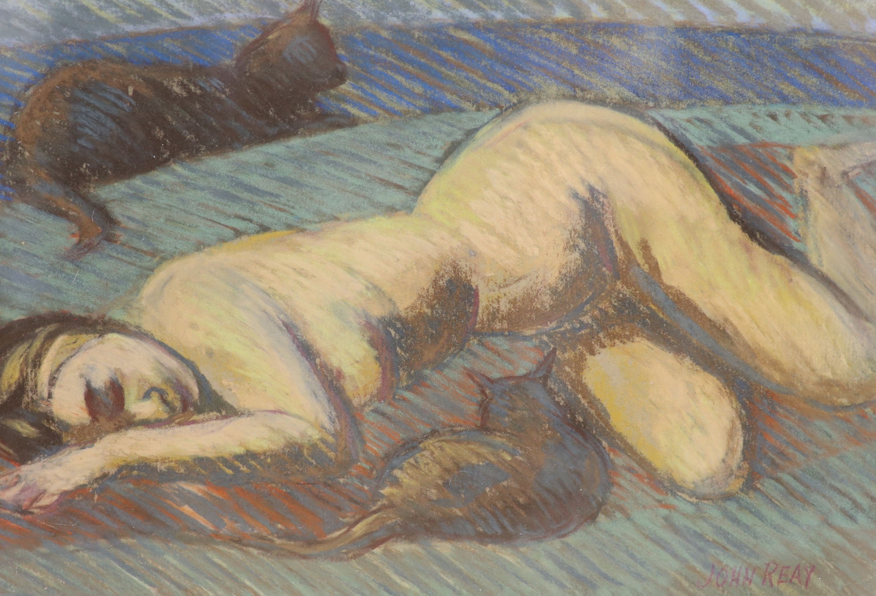 John Reay (1947-2011), pastel, reclining nude , 19 x 27cm. and James Gorman (1931-2005), watercolour, nude with cat, 20 x 18cm.